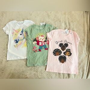 Set of Three Graphic T-Shirts in Pink, Green, and White